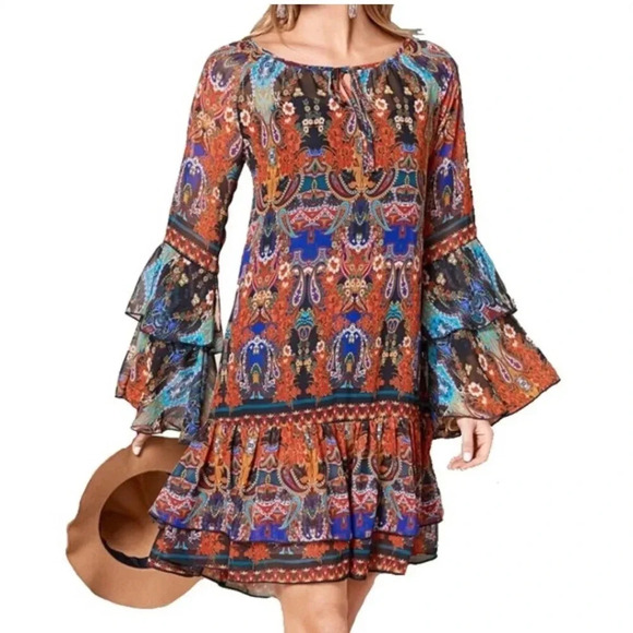 Venus Boho Print Ruffle Mini Dress Size XS Gypsy Hippie Summer Resortwear Vacay - Picture 1 of 7